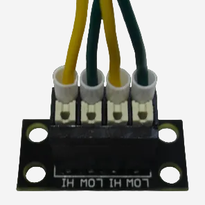 Electronic component with four wires and a black base on a white background