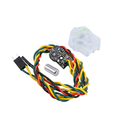 A rotary magnetic encoder with a wired connection, featuring a mix of power and CAN bus wires, and a magnetic component that communicates over CAN bus