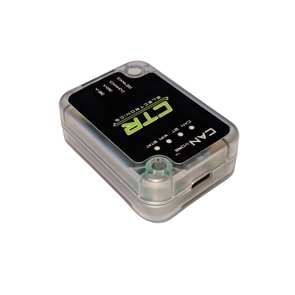 Small CTR Electronics tech device to improve robot performance with a clear casing on a light gray background