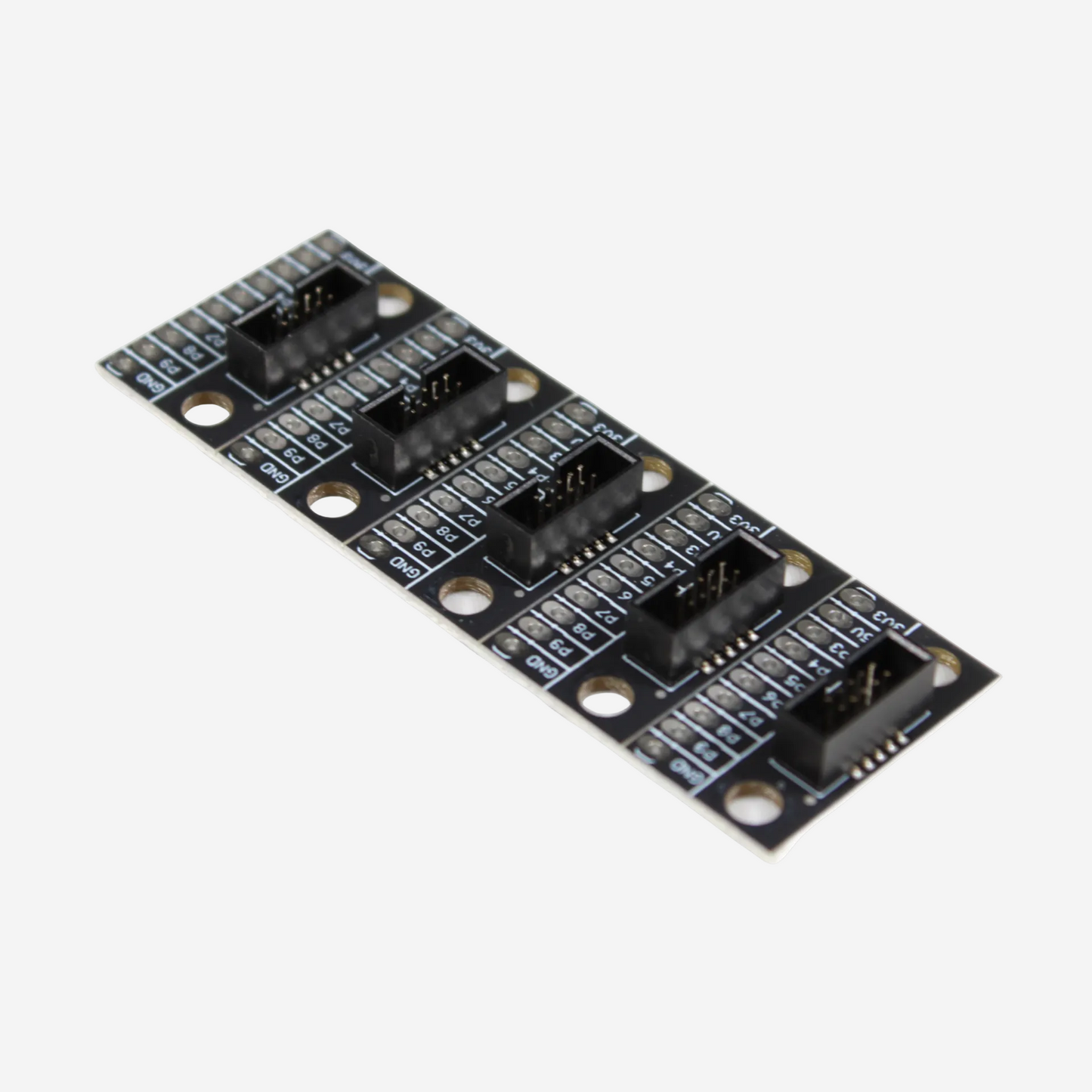 A set of five black breakout modules with socket pins arranged in rows for wiring.