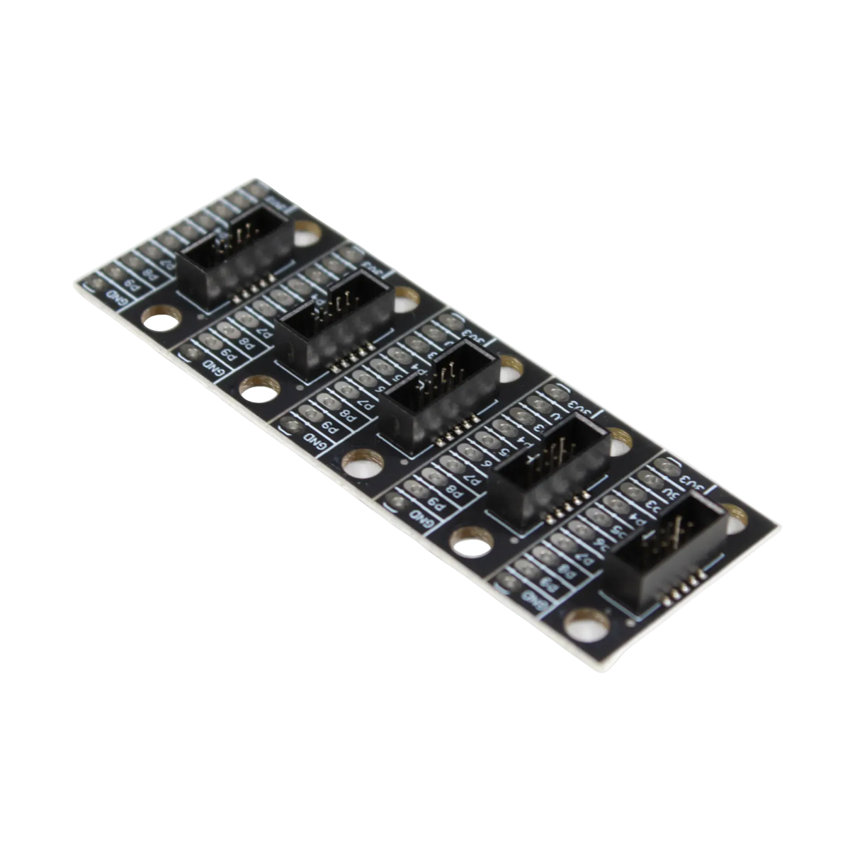 A set of five black breakout modules with socket pins arranged in rows for wiring.