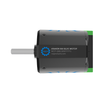 Bottom view of Kraken X60 brushless motor highlighting connector layout and sturdy housing powered by Talon FXS with CTRE and WCP