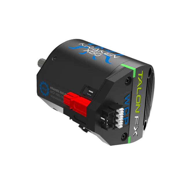 Bottom view of Kraken X60 brushless motor highlighting connector layout and sturdy housing powered by Talon FXS with CTRE and WCP