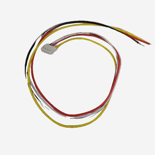 A 4-pin JST connector with multicolored wires (black, red, white, yellow) inserted into the connector, displayed on a white background.