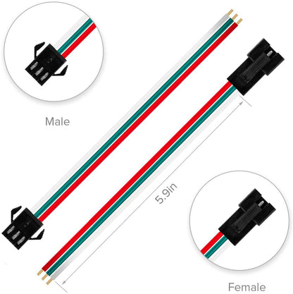 An illustration showing a pair of 3-pin addressable LED cables, with one male and one female connector. The male connector has red, green, and blue wires, and the female connector has red, white, and gray wires.