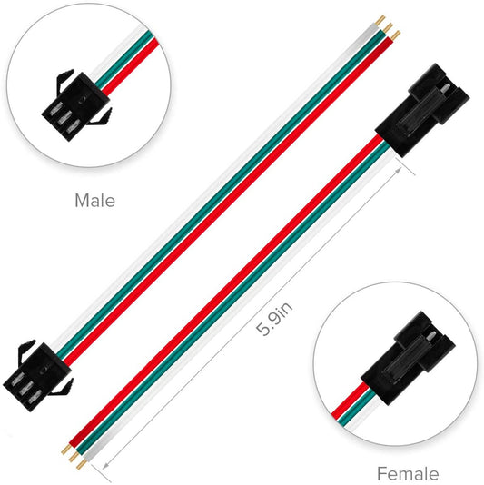 An illustration showing a pair of 3-pin addressable LED cables, with one male and one female connector. The male connector has red, green, and blue wires, and the female connector has red, white, and gray wires.
