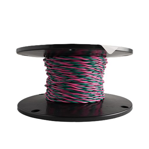 A spool of multi-colored wire with pink, green, and blue strands wrapped around a black plastic core, shown against a plain white background.