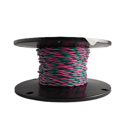 A spool of multi-colored wire with pink, green, and blue strands wrapped around a black plastic core, shown against a plain white background.