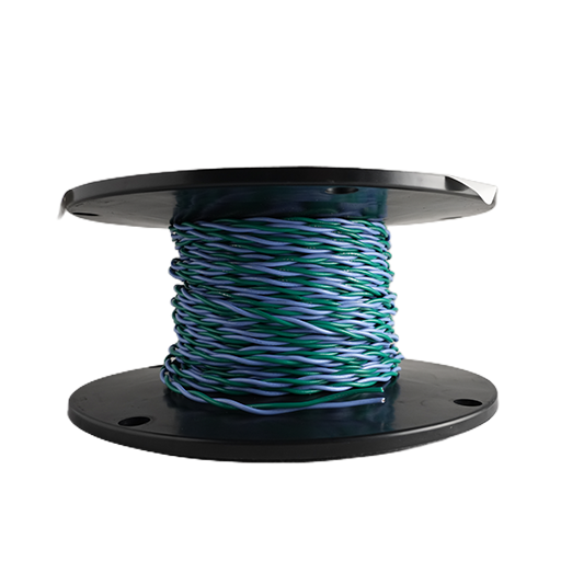 A spool of multi-colored wire, featuring alternating strands of teal green and light blue, wound around a black plastic spool, isolated on a white background.