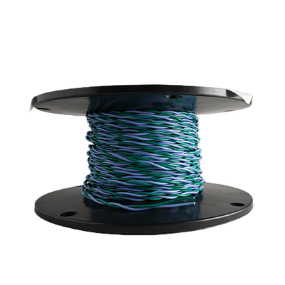 A spool of multi-colored wire, featuring alternating strands of teal green and light blue, wound around a black plastic spool, isolated on a white background.
