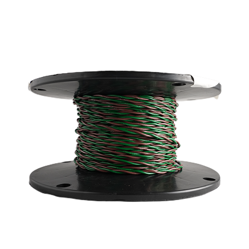 A spool of multi-colored wire, featuring green, red, and white strands twisted together, wound on a black plastic spool against a plain white background.