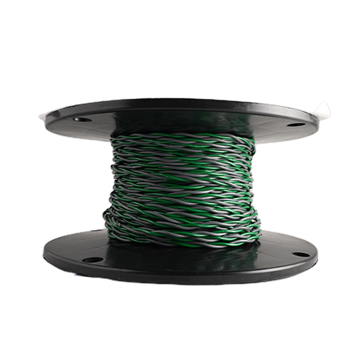 A spool of twisted wire with green and gray strands wound around a black plastic core, shown against a plain white background.