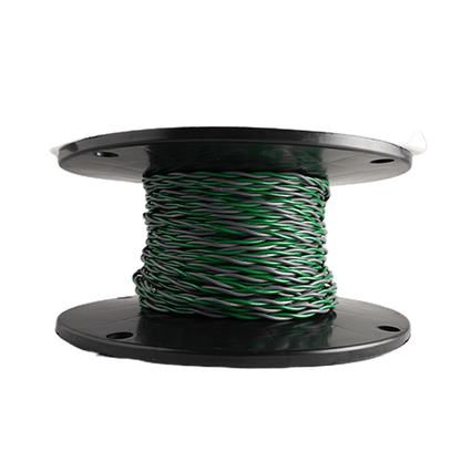A spool of twisted wire with green and gray strands wound around a black plastic core, shown against a plain white background.