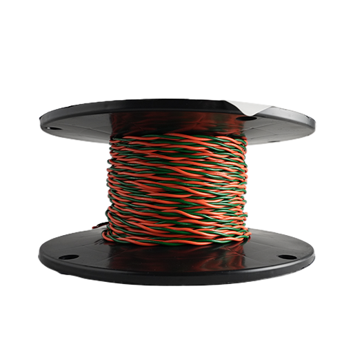 A spool of multi-colored wire with orange, green, and red strands wound around a black plastic core, isolated on a white background.