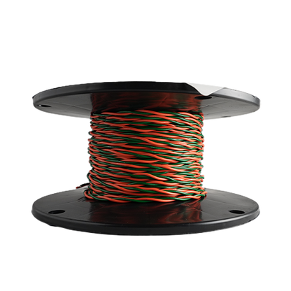 A spool of multi-colored wire with orange, green, and red strands wound around a black plastic core, isolated on a white background.