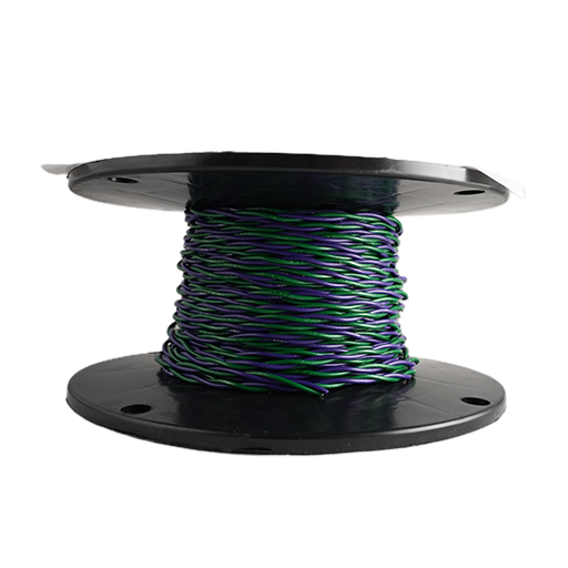 A spool of twisted wire with green and purple strands wound around a black plastic core, isolated on a white background.
