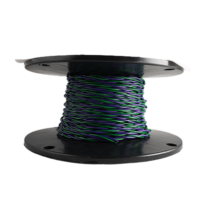 A spool of twisted wire with green and purple strands wound around a black plastic core, isolated on a white background.
