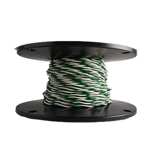 A spool of twisted wire with green and white strands wound around a black plastic core, isolated on a white background.