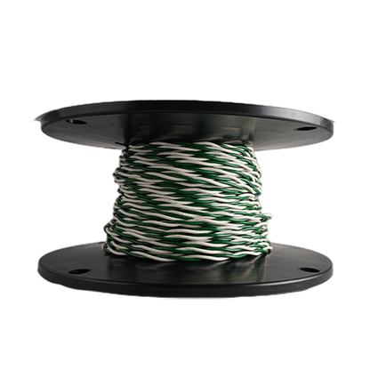 A spool of twisted wire with green and white strands wound around a black plastic core, isolated on a white background.