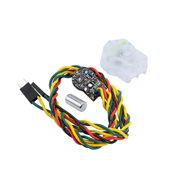 A rotary magnetic encoder with a wired connection, featuring a mix of power and CAN bus wires, and a magnetic component that communicates over CAN bus