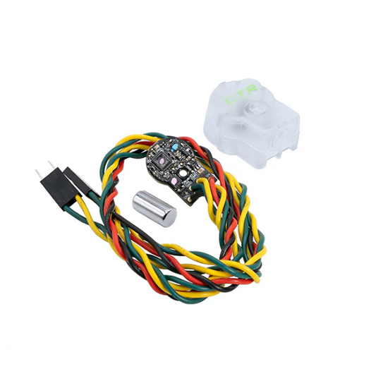A rotary magnetic encoder with a wired connection, featuring a mix of power and CAN bus wires, and a magnetic component that communicates over CAN bus