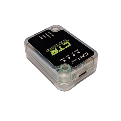 Small CTR Electronics tech device to improve robot performance with a clear casing on a light gray background