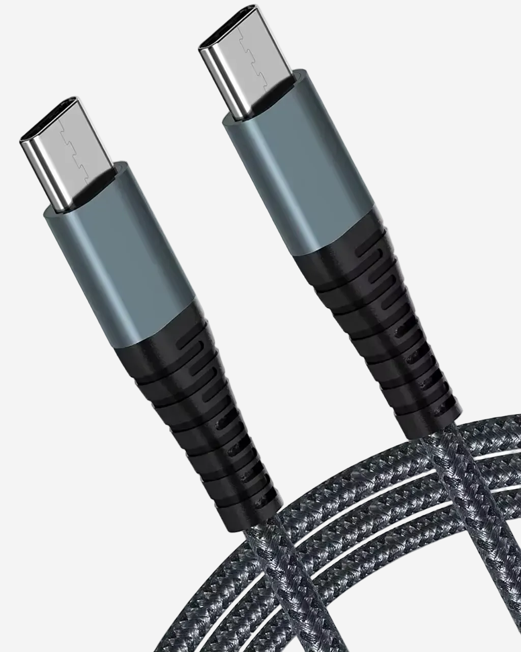 A black nylon braided USB Type C Male to USB Type C Male cable.