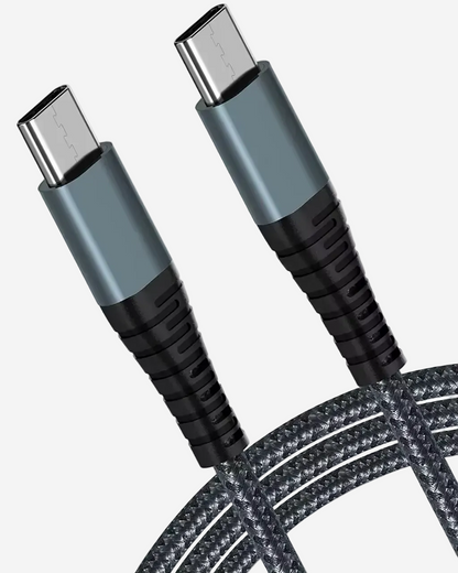 A black nylon braided USB Type C Male to USB Type C Male cable.
