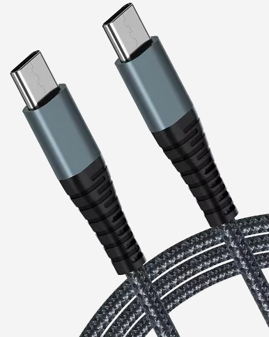 A black nylon braided USB Type C Male to USB Type C Male cable.