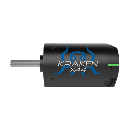 Side view of Kraken X44 motor illustrating length, mounting points, and durable SplineXS shaft