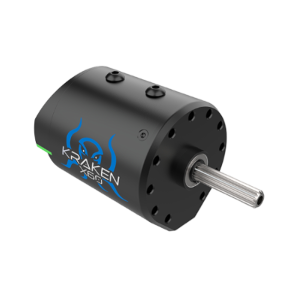 Front-angle view of Kraken X60 brushless motor showing encoder and SplineXS output shaft powered by Talon FX from WCP and CTR Electronic