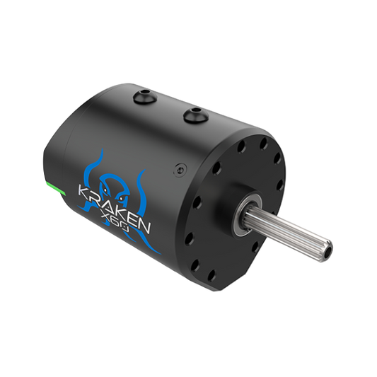 Front-angle view of Kraken X60 brushless motor showing encoder and SplineXS output shaft powered by Talon FX from WCP and CTR Electronic