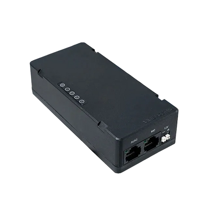 A black rectangular FIRST FRC radio with multiple ports and indicators on the front panel.