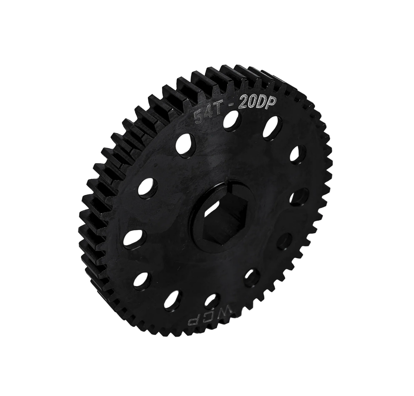 WCP 54T pocketed steel spur gear with MotionX features 20DP teeth, a 14.5 degree pressure angle, and a 1/2 inch hex bore.