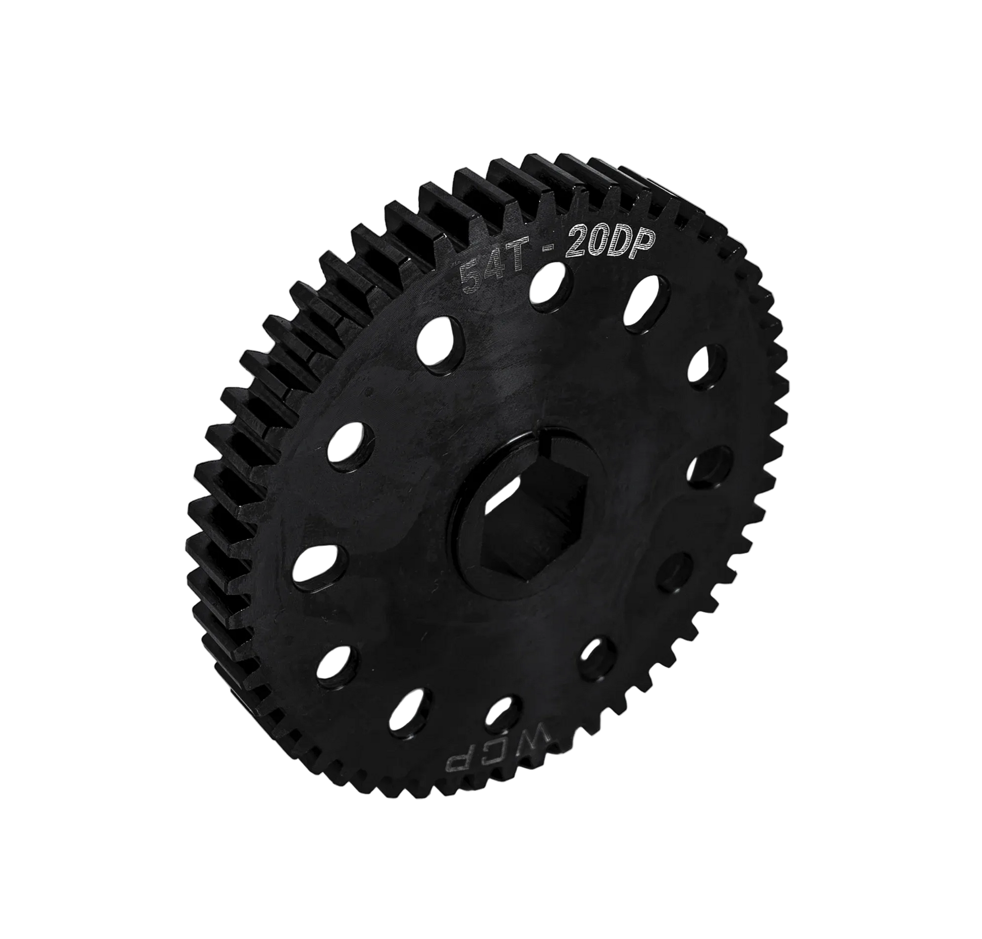 WCP 54T pocketed steel spur gear with MotionX features 20DP teeth, a 14.5 degree pressure angle, and a 1/2 inch hex bore.
