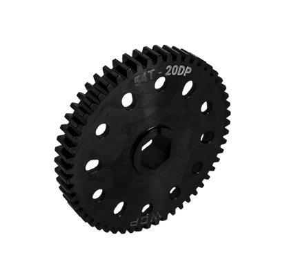 WCP 54T pocketed steel spur gear with MotionX features 20DP teeth, a 14.5 degree pressure angle, and a 1/2 inch hex bore.