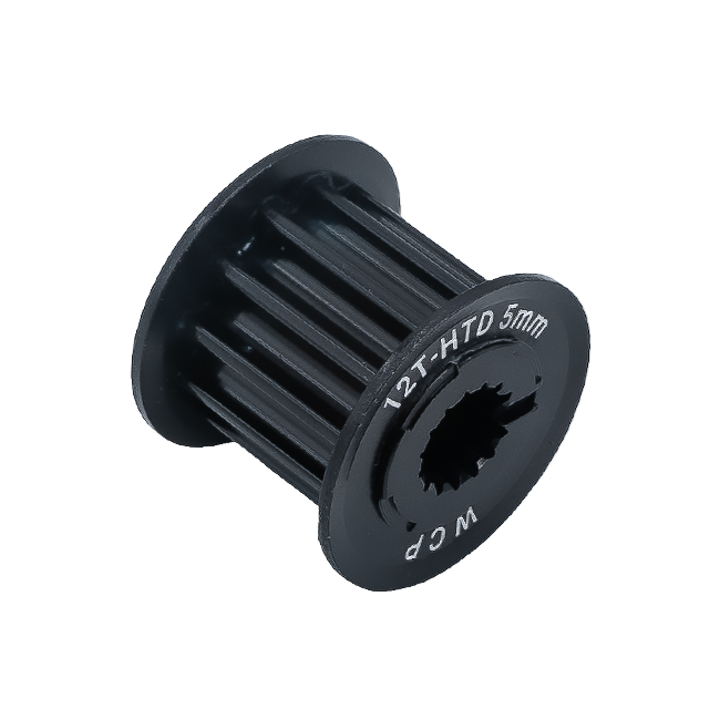 A black aluminum pulley with splineXS bore, marked with '12T- HTD 5mm' on the side.