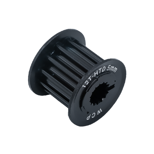 A black aluminum pulley with splineXS bore, marked with '12T- HTD 5mm' on the side.