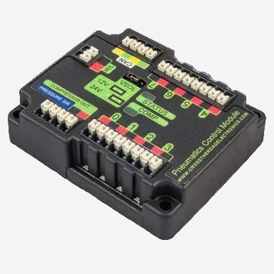 A pneumatic control module with multiple cable connectors and control buttons, primarily black in color.