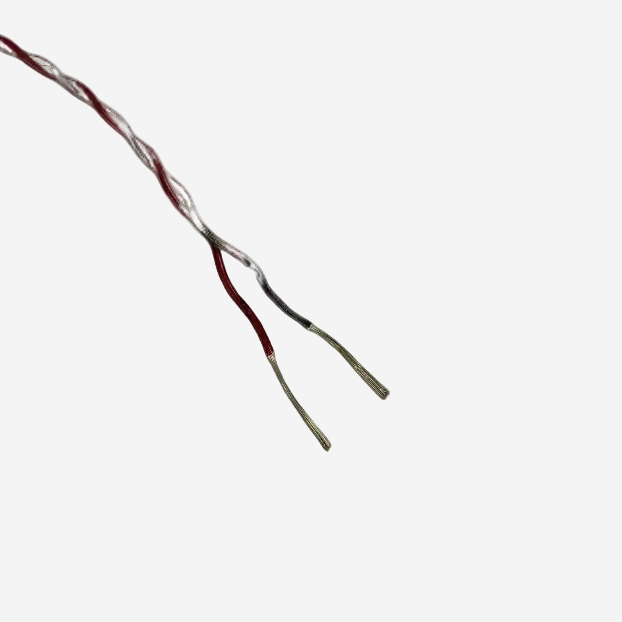 A twisted pair of 22 AWG red and black wire with the ends stripped and twisted together.