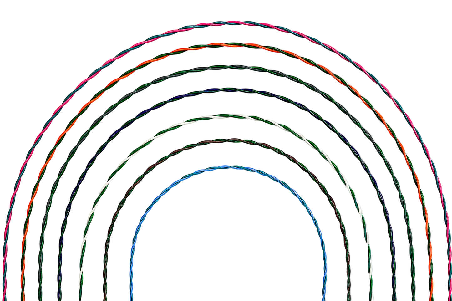 Twisted multi-color cords arranged in concentric arches on a plain white background, including pink, orange, green, dark blue, black, and light blue.