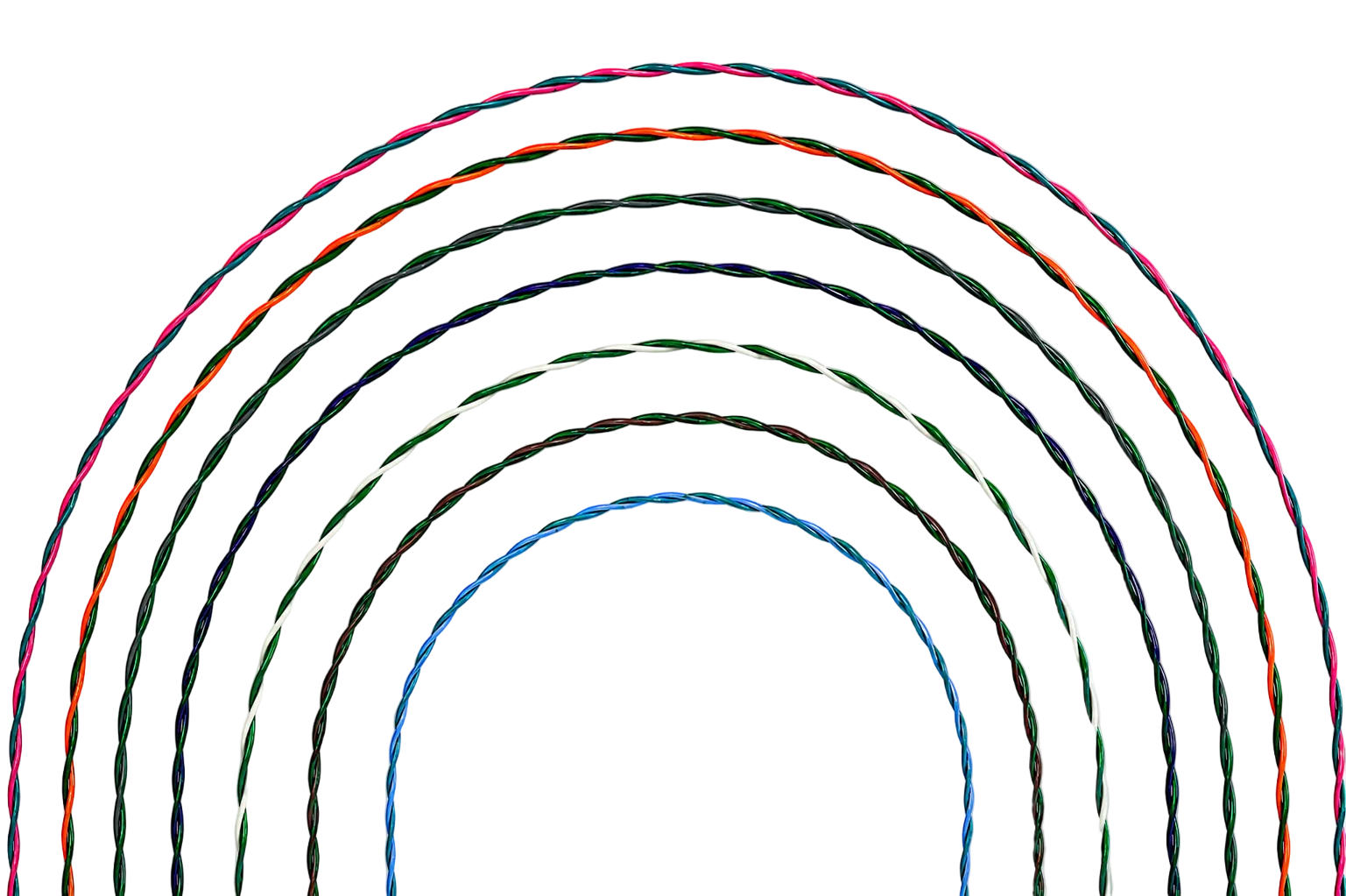 Twisted multi-color cords arranged in concentric arches on a plain white background, including pink, orange, green, dark blue, black, and light blue.