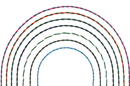 Twisted multi-color cords arranged in concentric arches on a plain white background, including pink, orange, green, dark blue, black, and light blue.